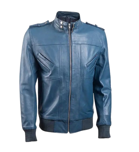 Men’s Band Collar Blue Bomber Leather Jacket