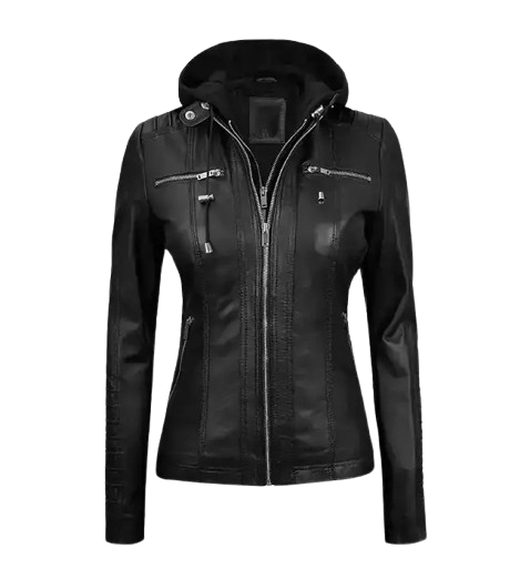 Women’s Black Leather Jacket With Removable Hood