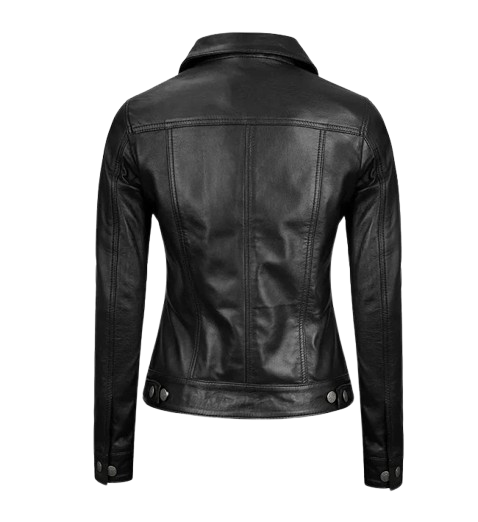 Women's Black Trucker Leather Jacket back