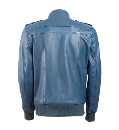 Men’s Band Collar Blue Bomber Leather Jacket back