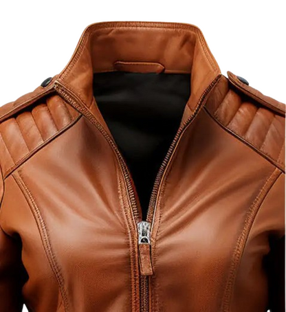 Women’s Brown Leather Biker Jacket neck