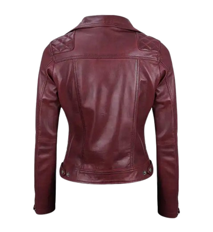 Women's Quilted Motorcycle Maroon Leather Jacket back