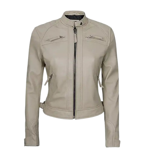 Women’s Beige Diamond Cafe Racer Leather Jacket