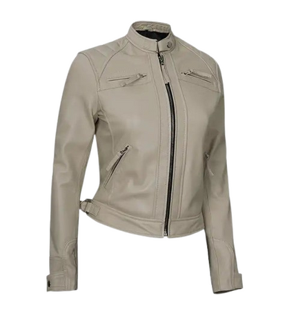 Women’s Beige Diamond Cafe Racer Leather Jacket side