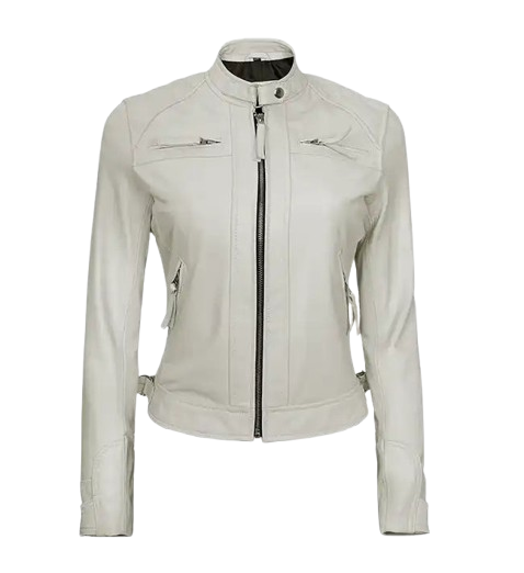 Women's White Diamond Moto Style Leather Jacket