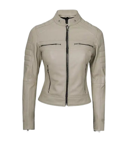 Women’s Beige Cafe Racer Leather Jacket