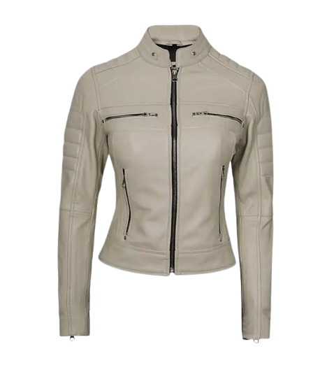 Women’s Beige Cafe Racer Leather Jacket