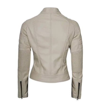 Women’s Beige Cafe Racer Leather Jacket back