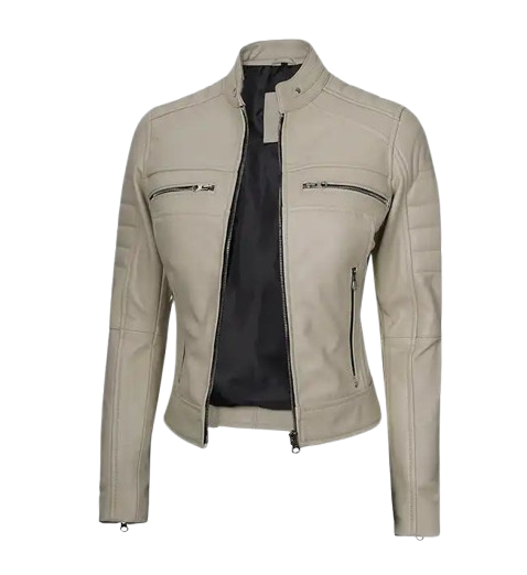 Women’s Beige Cafe Racer Leather Jacket front