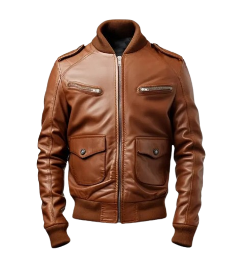 Men's Brown Leather Strap Pocket Style Bomber Jacket
