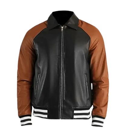 Men's Black & Brown Leather Varsity Jacket