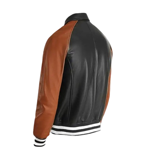 Men's Black & Brown Leather Varsity Jacket back
