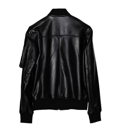 Men's Sheepskin Black Leather Bomber Jacket back