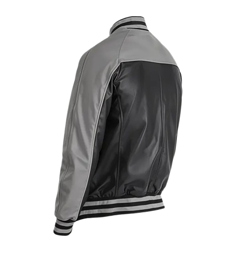 Men’s Grey Black Leather Varsity Jacket back