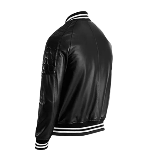 Men's Plain Black Leather Varsity Jacket back