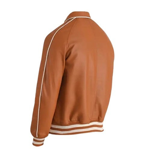 Men’s Tan Brown Leather Varsity Jacket back