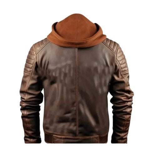 Men’s Voguish Brown Detachable Hooded Leather Jacket back