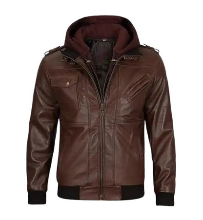 Men’s Dark Brown Leather Bomber Jacket With Hood