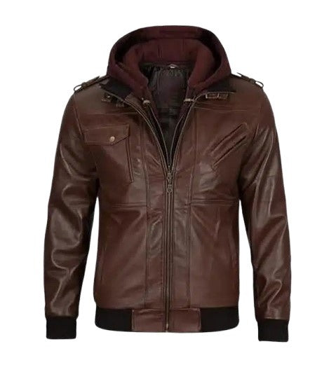 Men’s Dark Brown Leather Bomber Jacket With Hood
