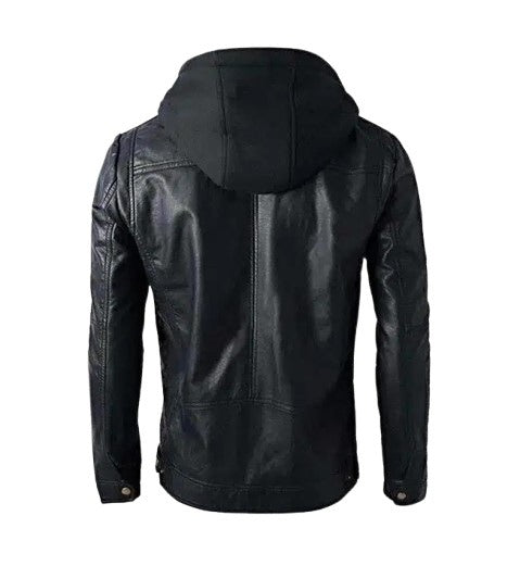 Men’s Detachable Hoodie Black Biker Leather Jacket back