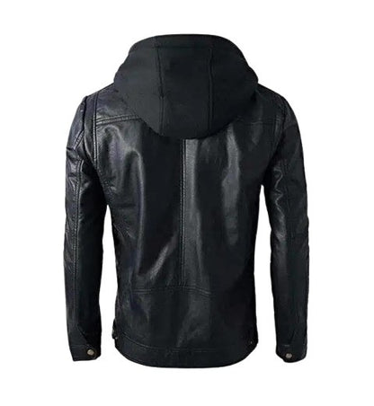 Men’s Detachable Hoodie Black Biker Leather Jacket back
