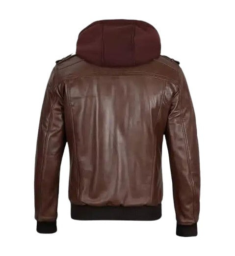 Men’s Dark Brown Leather Bomber Jacket With Hood back