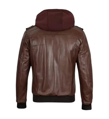 Men’s Dark Brown Leather Bomber Jacket With Hood back