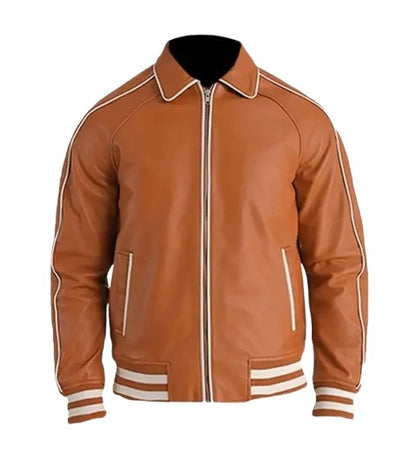 Men’s Tan Brown Leather Varsity Jacket