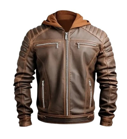 Men’s Voguish Brown Detachable Hooded Leather Jacket