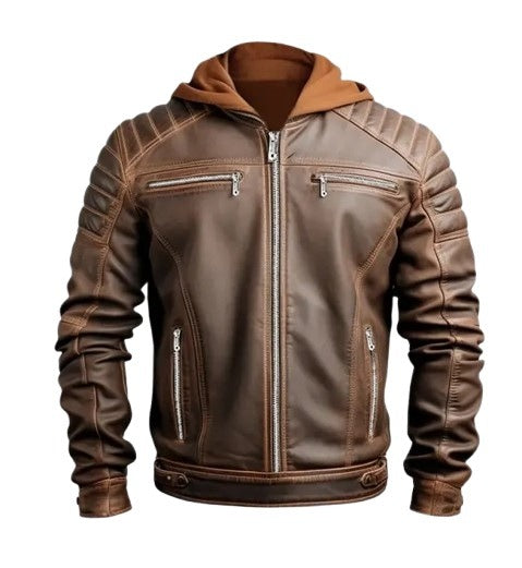 Men’s Voguish Brown Detachable Hooded Leather Jacket