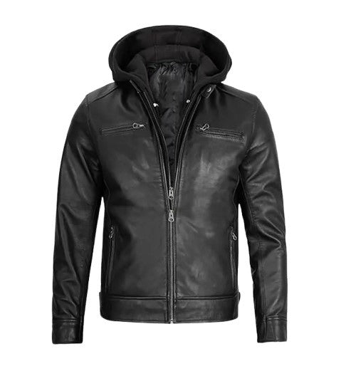 Men’s Detachable Hoodie Black Biker Leather Jacket
